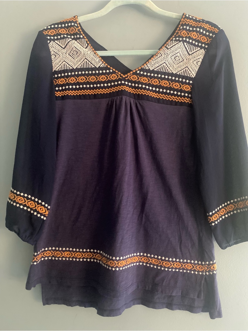 THML Navy Boho Embroidered Long Mesh Sleeve Top XS